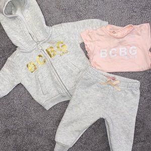 BCBG Matching 3 Piece Baby Girl Jogger Set 3 Months Pink/Gray/Gold